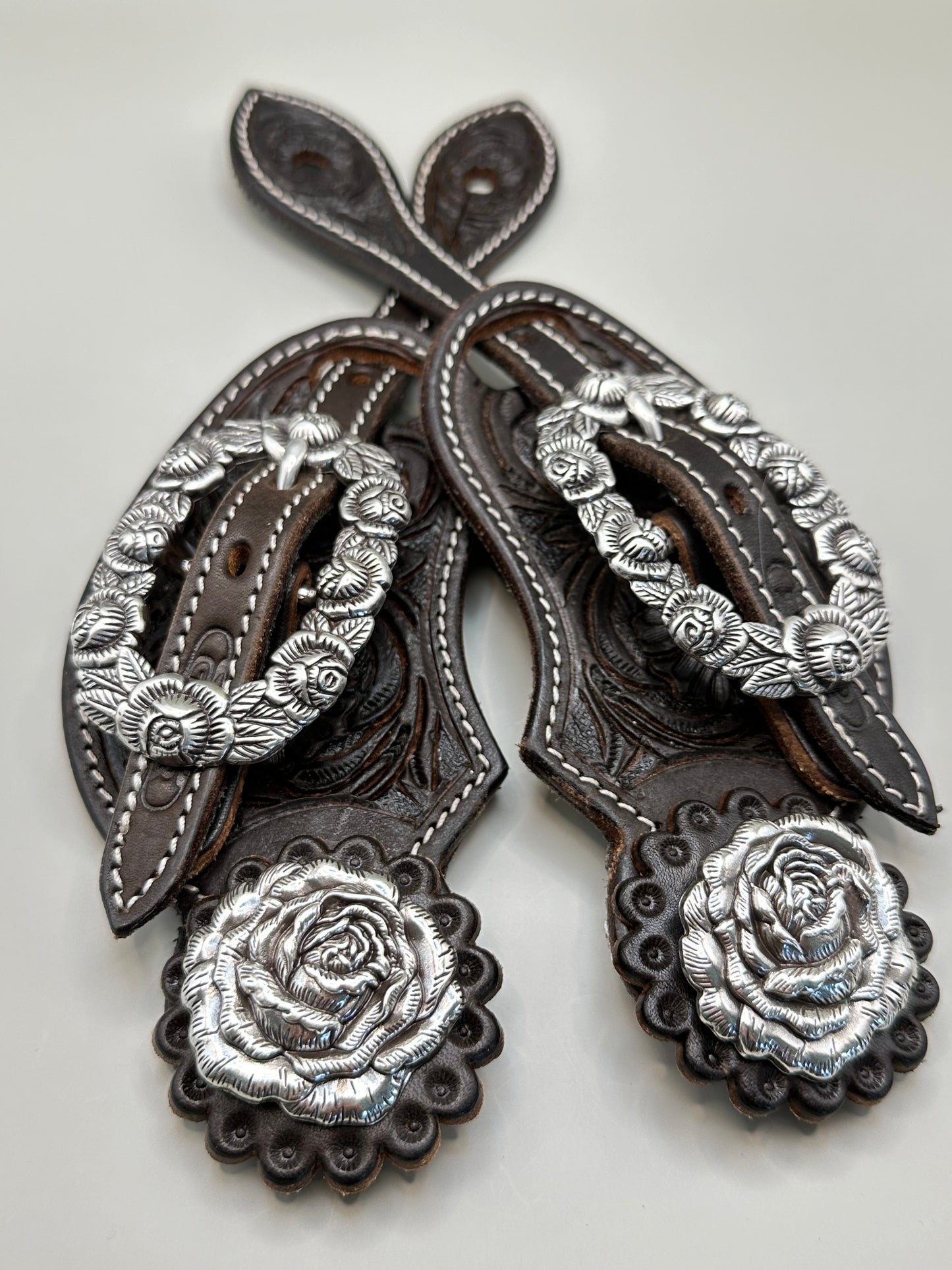 Sporenriemen Set Damen Western - Brown mit Rosen-Beschlägen